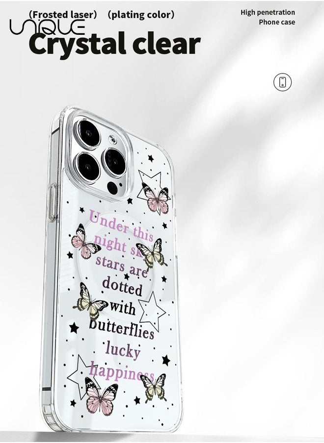 Compatible with iPhone 14 Pro Max Case, MagSafe Case, Pink Black English Graffiti Case, Pink Yellow Butterfly Case, TPU Drop Protection - Clear