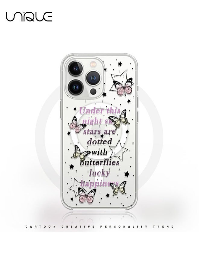 Compatible with iPhone 14 Pro Max Case, MagSafe Case, Pink Black English Graffiti Case, Pink Yellow Butterfly Case, TPU Drop Protection - Clear