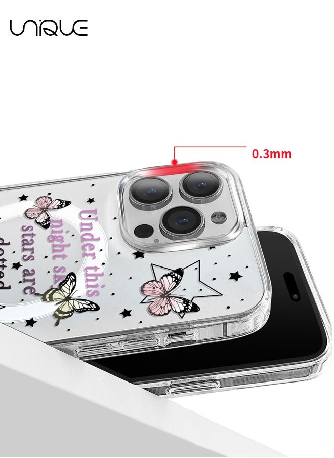 Compatible with iPhone 14 Pro Max Case, MagSafe Case, Pink Black English Graffiti Case, Pink Yellow Butterfly Case, TPU Drop Protection - Clear