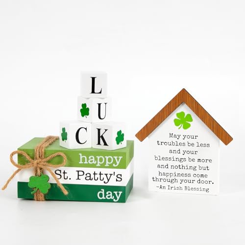 DAZONGE St. Patrick's Day Decorations, 6PCS St. Patrick's Day Tiered Tray Decor, Happy St. Patty’s Day Book Stack, Shamrock LUCK Blocks, St. Patrick's Day Signs for Home Table Shelf Decor - Image 1