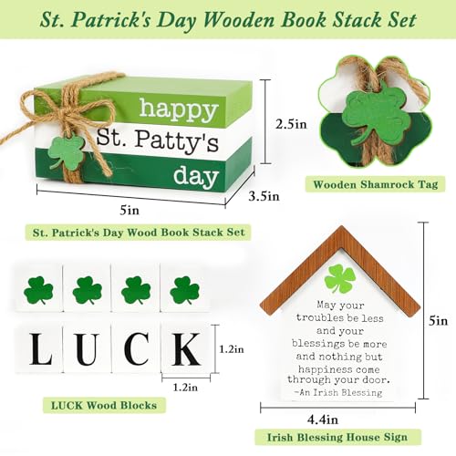 DAZONGE St. Patrick's Day Decorations, 6PCS St. Patrick's Day Tiered Tray Decor, Happy St. Patty’s Day Book Stack, Shamrock LUCK Blocks, St. Patrick's Day Signs for Home Table Shelf Decor - Image 3