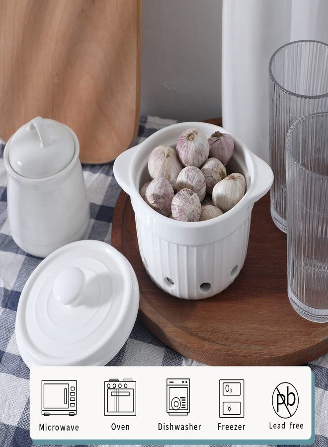 هاو توب حافظة ثوم هاوتوب بغطاء، وعاء سيراميك لحفظ الثوم، مناسب لسطح المطبخ، ديكور مطبخ (أبيض) - Image 2