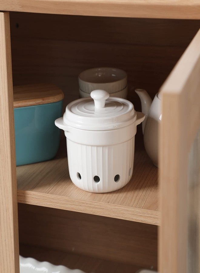 هاو توب حافظة ثوم هاوتوب بغطاء، وعاء سيراميك لحفظ الثوم، مناسب لسطح المطبخ، ديكور مطبخ (أبيض) - Image 4