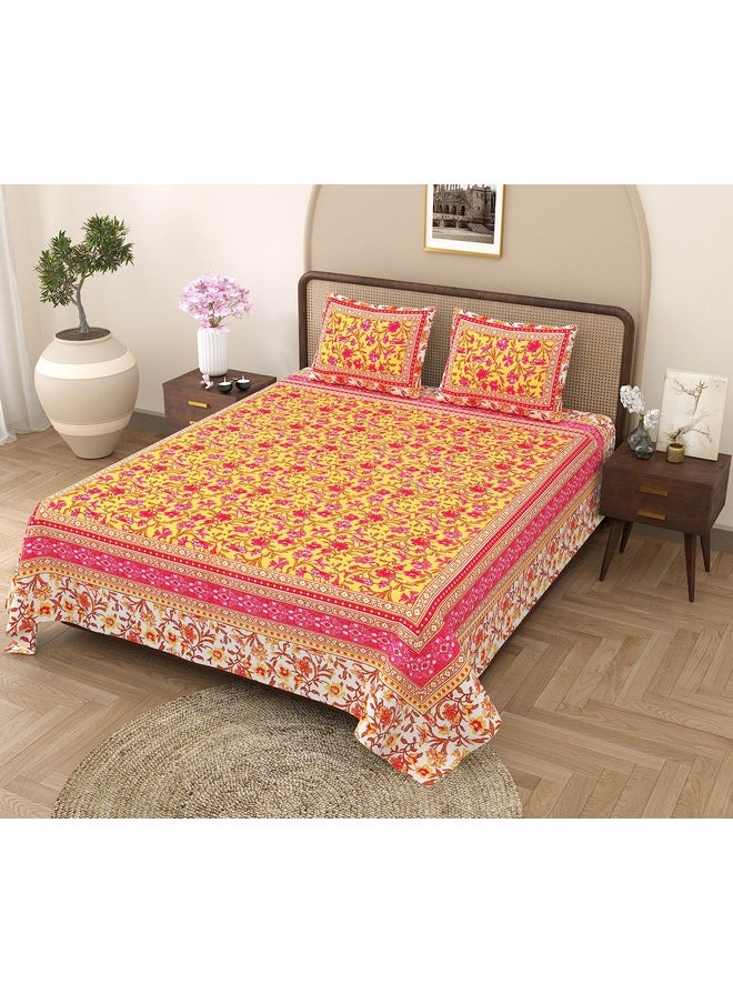 راجاستانكارت ملاءة سرير راجاستان كارت من القطن الخالص 180 خيطًا بحجم كينج مع غطائي وسادة - 90 × 108 (مناسبة لملاءة سرير بحجم كينج أو سرير مزدوج، أصفر) PSP102  - Image 2