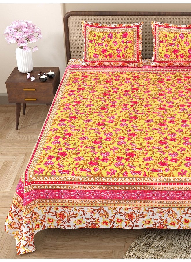 راجاستانكارت ملاءة سرير راجاستان كارت من القطن الخالص 180 خيطًا بحجم كينج مع غطائي وسادة - 90 × 108 (مناسبة لملاءة سرير بحجم كينج أو سرير مزدوج، أصفر) PSP102  - Image 3