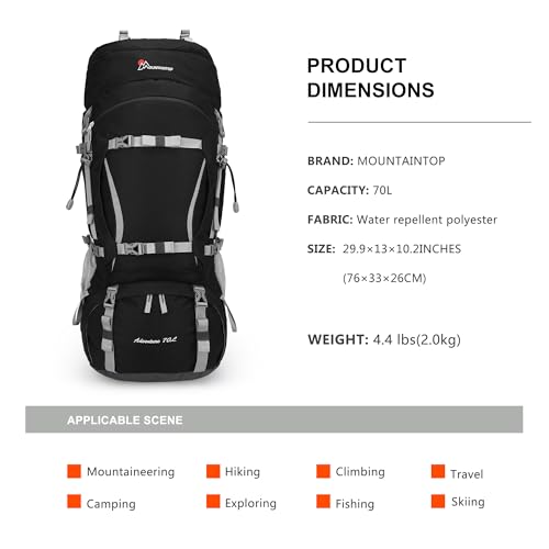MOUNTAINTOP 70L Internal Frame Backpack Camping Backpacking Hiking Backpack for Men Women with Rain Cover,Black - Image 2