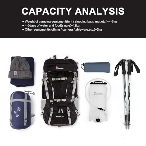 MOUNTAINTOP 70L Internal Frame Backpack Camping Backpacking Hiking Backpack for Men Women with Rain Cover,Black - Image 5