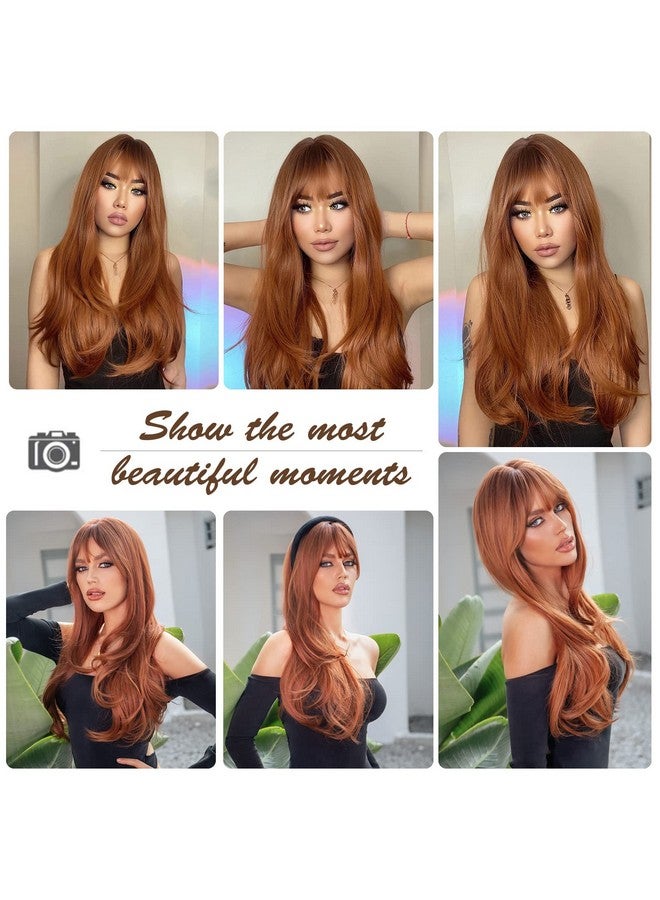 هير كيوب باروكة شعر مستعار طويل بني محمر مع غرة من HAIRCUBE، باروكة شعر مستعار برتقالية مجعدة متعددة الطبقات للنساء، باروكة شعر مستعار طبيعية صناعية للاستخدام اليومي (شعر مستعار طبيعي) - Image 3