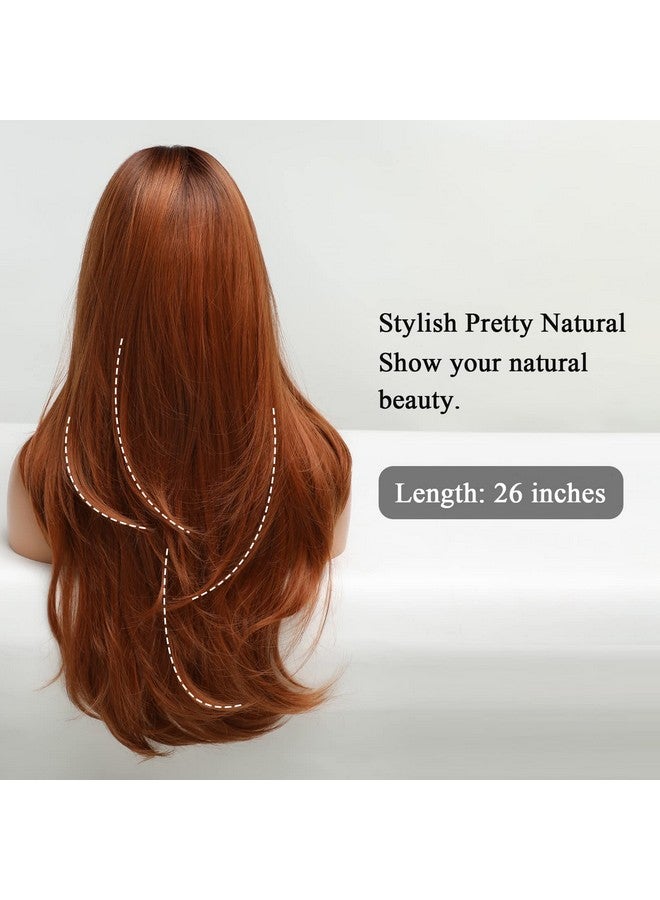 هير كيوب باروكة شعر مستعار طويل بني محمر مع غرة من HAIRCUBE، باروكة شعر مستعار برتقالية مجعدة متعددة الطبقات للنساء، باروكة شعر مستعار طبيعية صناعية للاستخدام اليومي (شعر مستعار طبيعي) - Image 4