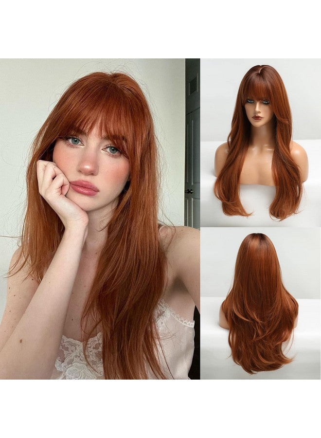 هير كيوب باروكة شعر مستعار طويل بني محمر مع غرة من HAIRCUBE، باروكة شعر مستعار برتقالية مجعدة متعددة الطبقات للنساء، باروكة شعر مستعار طبيعية صناعية للاستخدام اليومي (شعر مستعار طبيعي) - Image 1