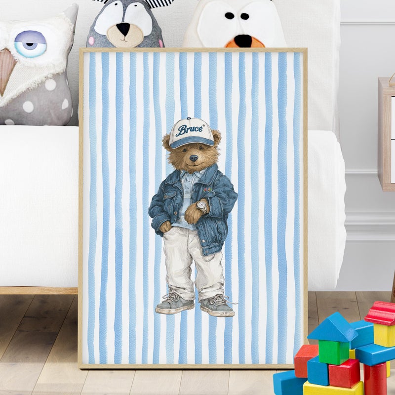 TNESSENTIAL Coastal Preppy Striped Bear Wall Art Poster or Canvas Print, Nautical Teddy Blue Stripes Boys Room Nursery Decor, Kids Sailor Beach Poster - Image 1