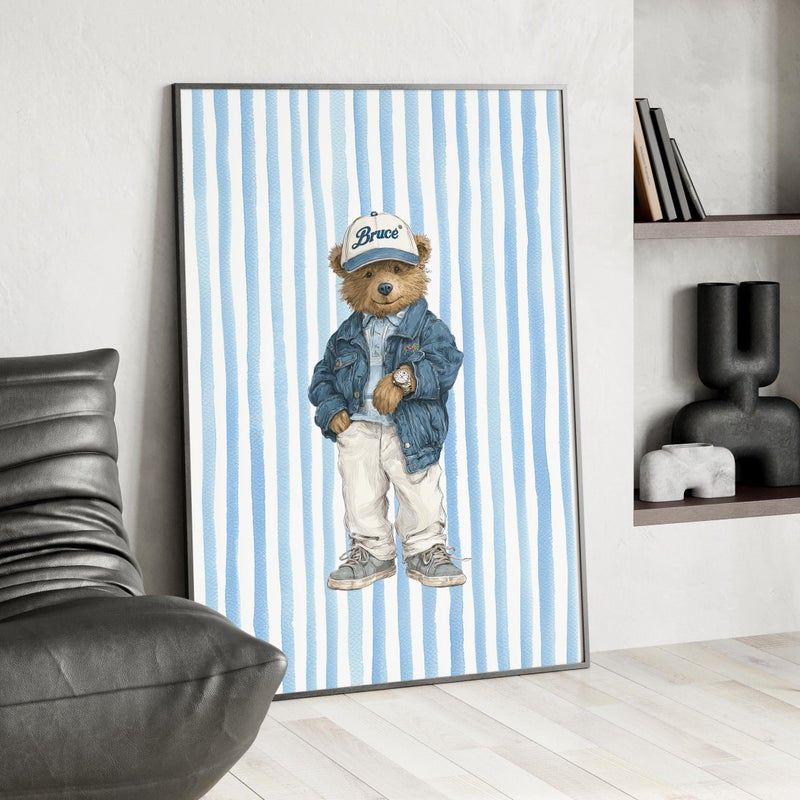 TNESSENTIAL Coastal Preppy Striped Bear Wall Art Poster or Canvas Print, Nautical Teddy Blue Stripes Boys Room Nursery Decor, Kids Sailor Beach Poster - Image 3