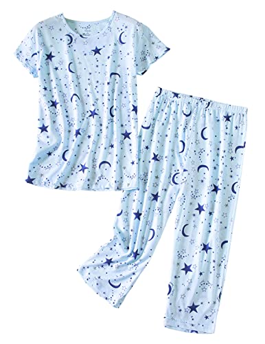 PNAEONG Women’s Pajama Set - Cotton-Blend Short-Sleeve Loose Top with Matching Capri Bottoms SY215-Blue Star-M - Image 1