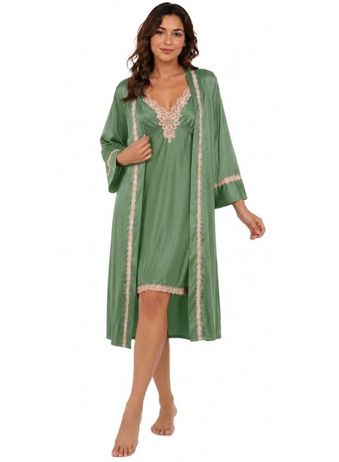 MARGOUN Pajama Set Satin 2PCS Sleep Set Women Kimono Bathrobe Gown Wedding Sleepwear Nighty Robe Suit Intimate Lingerie Sleepwear Green - Image 2