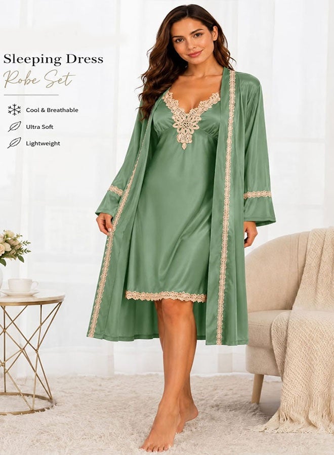 MARGOUN Pajama Set Satin 2PCS Sleep Set Women Kimono Bathrobe Gown Wedding Sleepwear Nighty Robe Suit Intimate Lingerie Sleepwear Green - Image 3