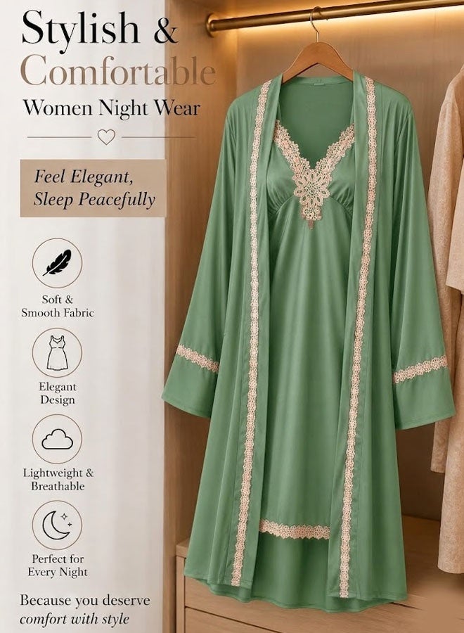 MARGOUN Pajama Set Satin 2PCS Sleep Set Women Kimono Bathrobe Gown Wedding Sleepwear Nighty Robe Suit Intimate Lingerie Sleepwear Green - Image 5