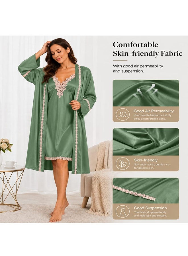 MARGOUN Pajama Set Satin 2PCS Sleep Set Women Kimono Bathrobe Gown Wedding Sleepwear Nighty Robe Suit Intimate Lingerie Sleepwear Green - Image 4