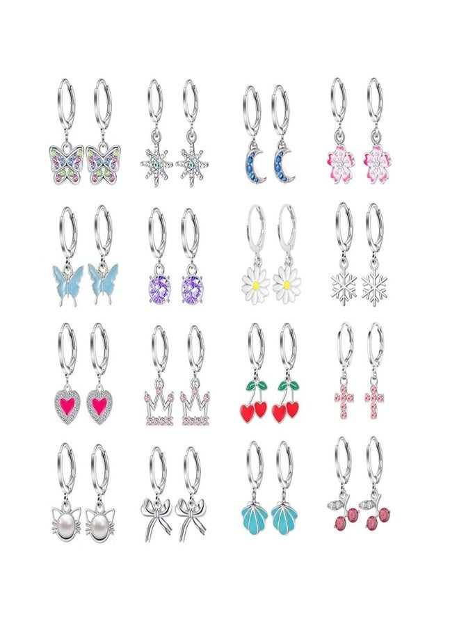 tanguan 16 Pairs Hypoallergenic Dangle Hoop Earrings for Girls Teens Women,Cute Kids Hoop Earrings Set with Charm Heart Pearl Bow Butterfly Animal Small Huggie Earring Jewelry Gift (16 Pairs Earrings Set) - Image 1