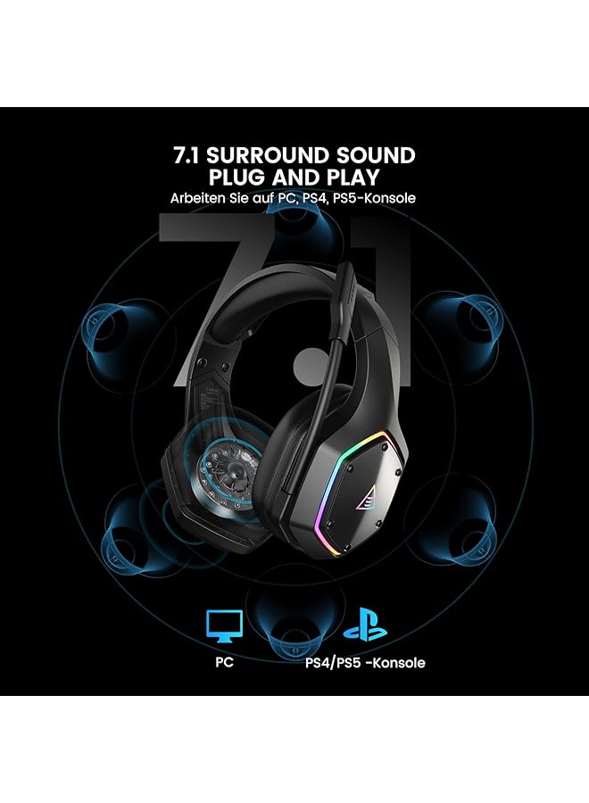 إكسا سماعة ألعاب لاسلكية 2.4 جيجاهرتز USB سماعات ألعاب مع ميكروفون للكمبيوتر الشخصي PS5 PS4 Nintendo Switch صوت محيطي 7.1 سماعة ألعاب إضاءة RGB تصميم مريح 3.5 مم سلكية لسلسلة Xbox - Image 3