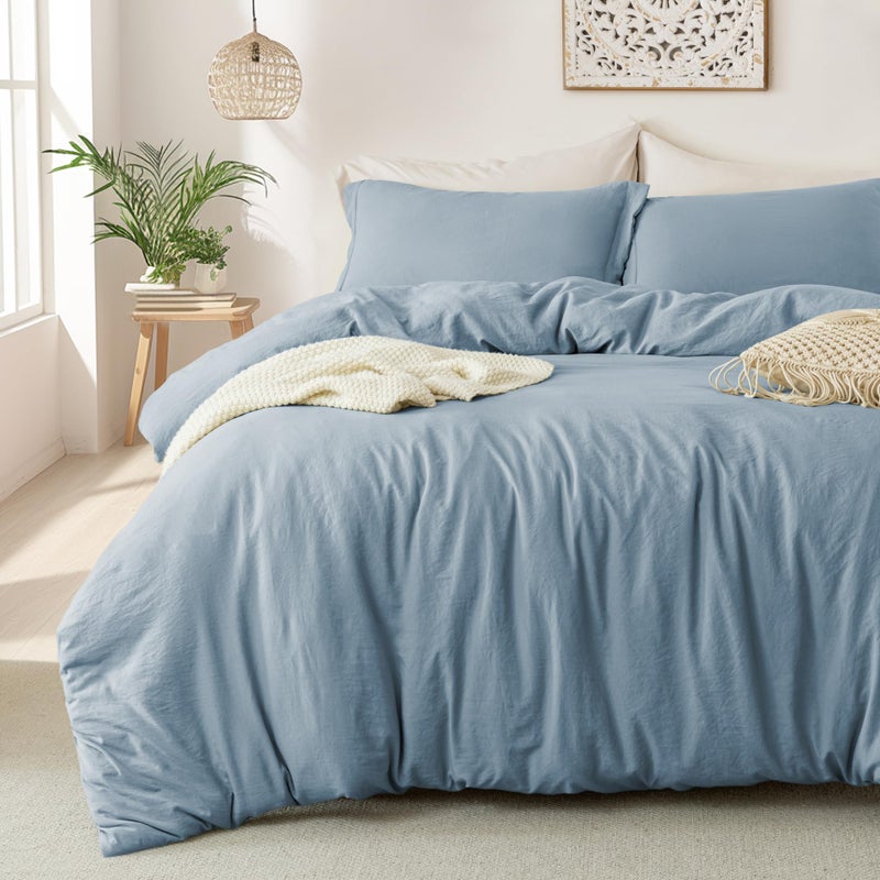 MILDLY Duvet Cover Queen Size - Super Soft Haze Blue Bed Cover Set, 3 Piece 100% Washed Microfiber Bedding Set with Zipper Closure, 1 Duvet Cover 90x90 inches and 2 Pillow Shams - Image 1