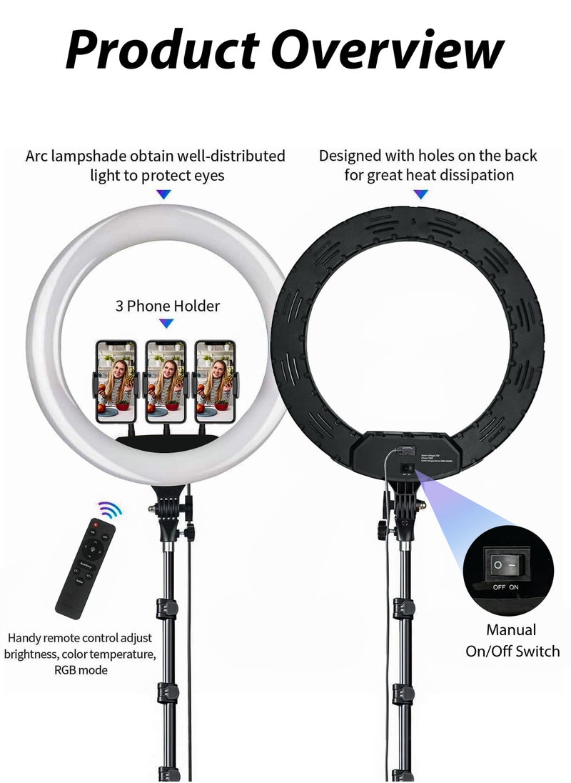 DBLEW - 18 inch Dimmable Circle LED Studio Selfie Ring Light With 90Inch Tripod Stand Remote And 3 Mobile Phone Holders For Makeup Camera Photography YouTube Video Shoot TikTok Vlog Live Stream With Carry Bag - Image 1
