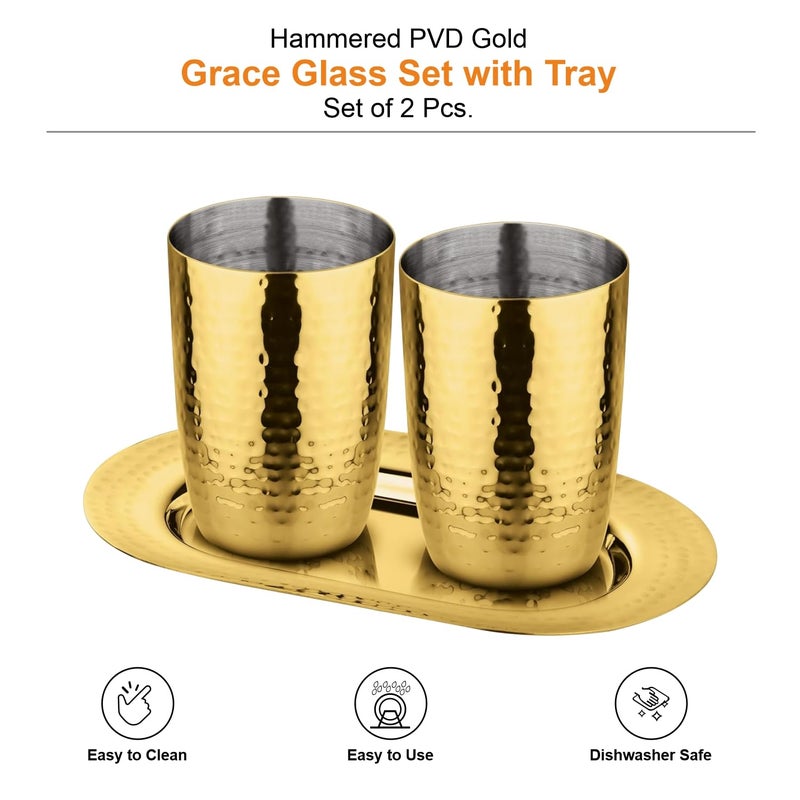 Prabha Hammered Grace Glass Set of 2 PVD Gold Coating PVD Gold Tray Best for Home Kitchen Rust Proof Dishwasher Safe Kitchen Glass Set - Image 2