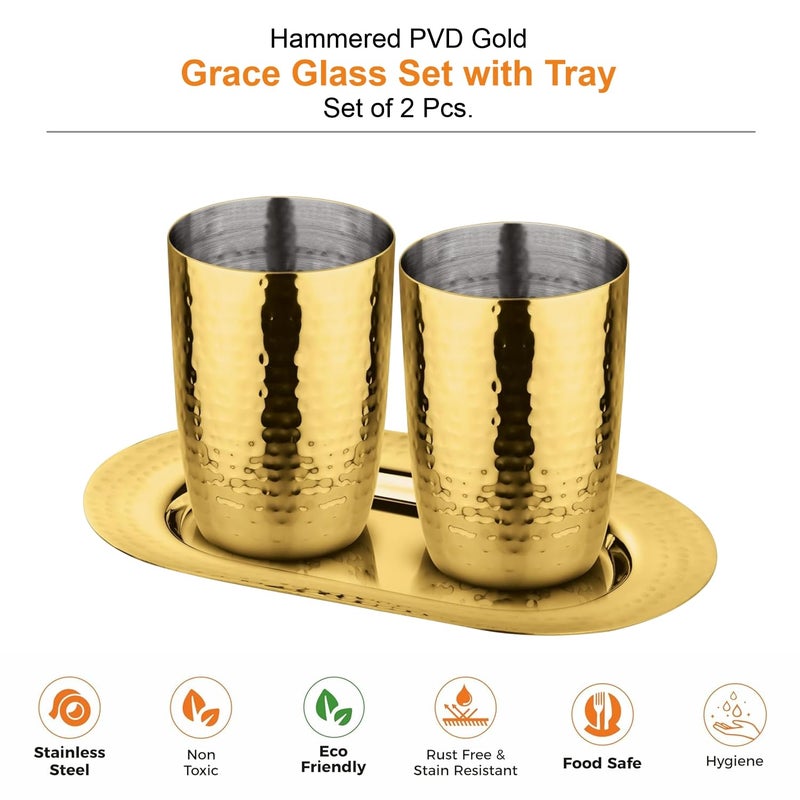 Prabha Hammered Grace Glass Set of 2 PVD Gold Coating PVD Gold Tray Best for Home Kitchen Rust Proof Dishwasher Safe Kitchen Glass Set - Image 3