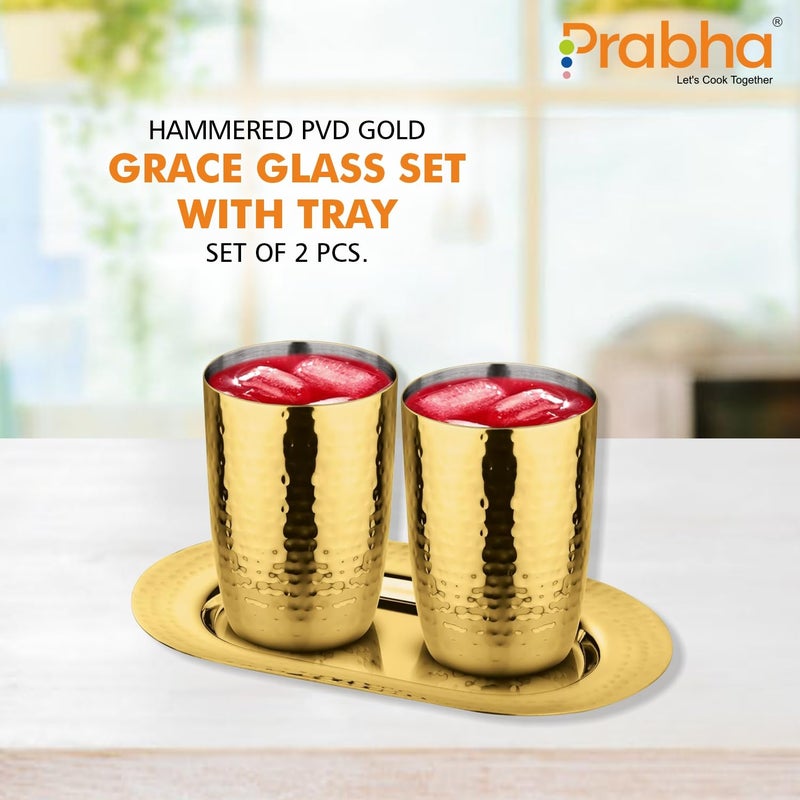 Prabha Hammered Grace Glass Set of 2 PVD Gold Coating PVD Gold Tray Best for Home Kitchen Rust Proof Dishwasher Safe Kitchen Glass Set - Image 4