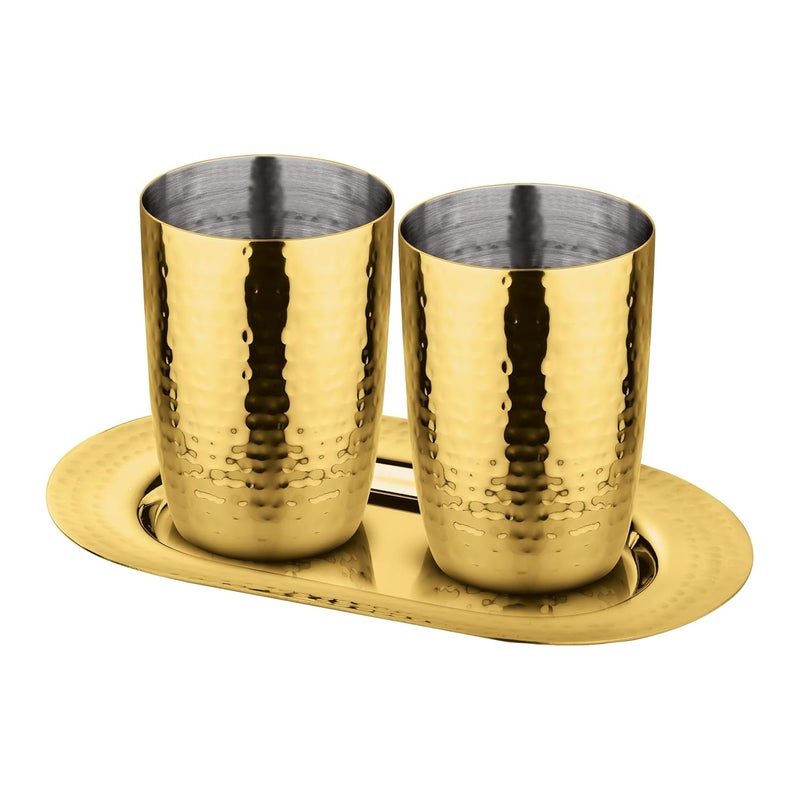 Prabha Hammered Grace Glass Set of 2 PVD Gold Coating PVD Gold Tray Best for Home Kitchen Rust Proof Dishwasher Safe Kitchen Glass Set - Image 1