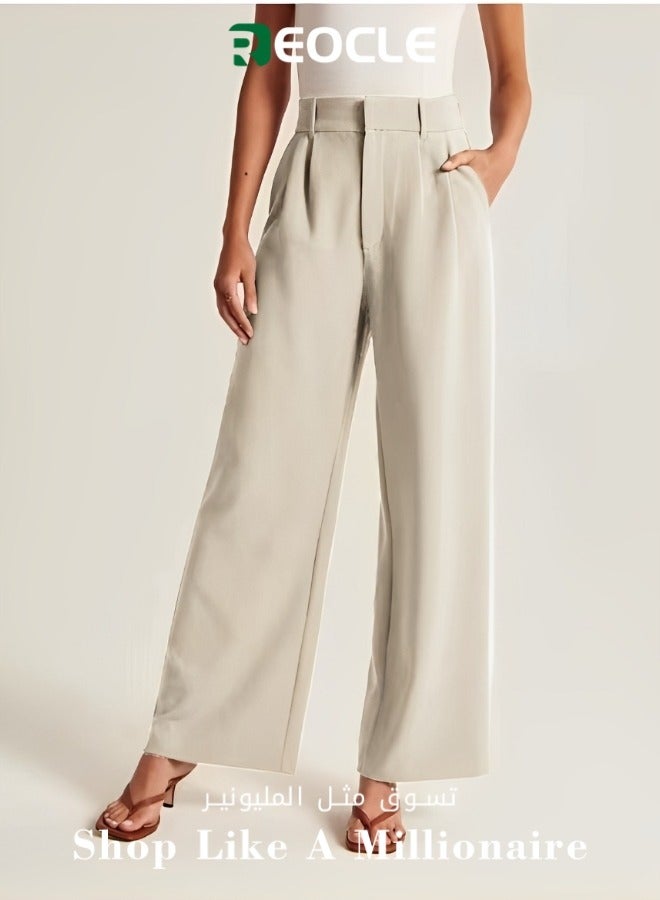 ريوكل بنطلون نسائي واسع الساق بخصر مرتفع للعمل غير الرسمي صيفي بنطلون عمل طويل Palazzo مع جيوب - Image 1