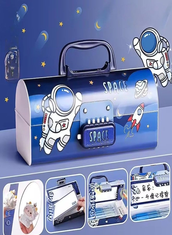 FEBLICH Multilayer Space Theme Password Lock Pencil Box For Kids, Cartoon Print Pen Case For Girls & Boys, Kids Pen & Pencil Box Suitcase Style Password Lock Pencil Case, School Stationery Organizer (Blue) - Image 2