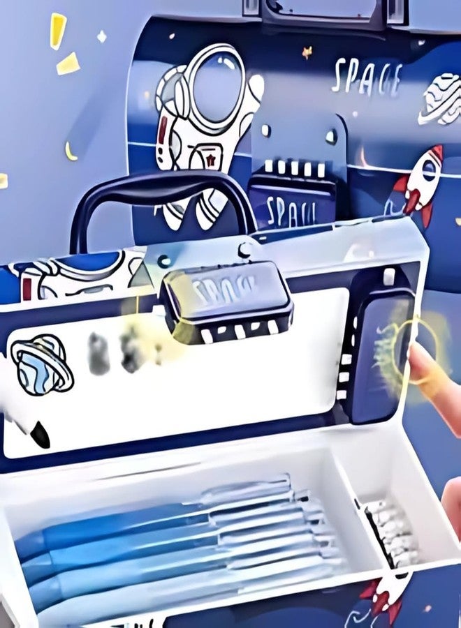 FEBLICH Multilayer Space Theme Password Lock Pencil Box For Kids, Cartoon Print Pen Case For Girls & Boys, Kids Pen & Pencil Box Suitcase Style Password Lock Pencil Case, School Stationery Organizer (Blue) - Image 3