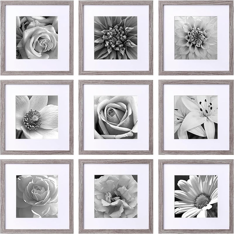 eletecpro 12x12 Picture Frames Set of 9 with Mat for 8x8 Photos or without Mat for 12x12, Square Gallery Wall Decor Collage for Picture Display, Grey Frame Set for Wall Hanging - Image 1