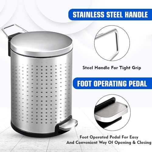 Mofna Stainless Steel Perforated Dustbin with Pedal, Trash Can, Wastebasket, Garbage Bin for Home, Office, Bathroom, Bedroom, Toilet, Outdoor, Indoor and Kitchen, (7x10 In -5 Liter, Silver), Pack of 1 - Image 3