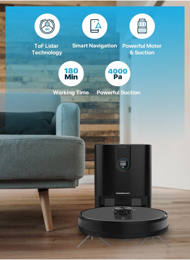 Powerology - Smart Station Robot Vacuum & Mop / Automatic Dust Disposal / Powerful Motor & Suction / Smart Navigation / Efficient Cleaning Routes - Black - Image 1