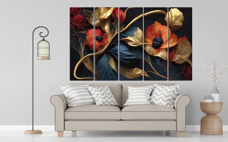 kyara arts3D Red And Golden Flower painting with frame Big Size 30x48 Wall Art for living roomBedroomDrawing roomHotelsWooden FramedDigital Painting - Image 4