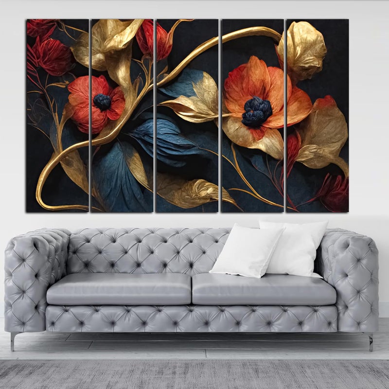 kyara arts3D Red And Golden Flower painting with frame Big Size 30x48 Wall Art for living roomBedroomDrawing roomHotelsWooden FramedDigital Painting - Image 1