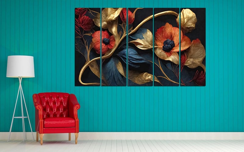 kyara arts3D Red And Golden Flower painting with frame Big Size 30x48 Wall Art for living roomBedroomDrawing roomHotelsWooden FramedDigital Painting - Image 2