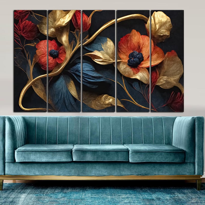 kyara arts3D Red And Golden Flower painting with frame Big Size 30x48 Wall Art for living roomBedroomDrawing roomHotelsWooden FramedDigital Painting - Image 3