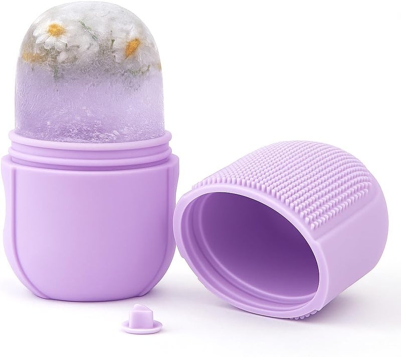 أسطوانة ثلج للوجه والعين قابلة لإعادة الاستخدام - مدلك للوجه لشد البشرة وتقليل الانتفاخ، مع فرشاة تنظيف سيليكون مدمجة، أرجواني - Image 1