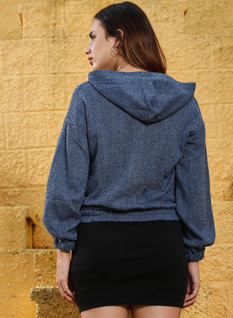 Campus Sutra Women's Aegean Blue Zip-Front Chevron Hoodie