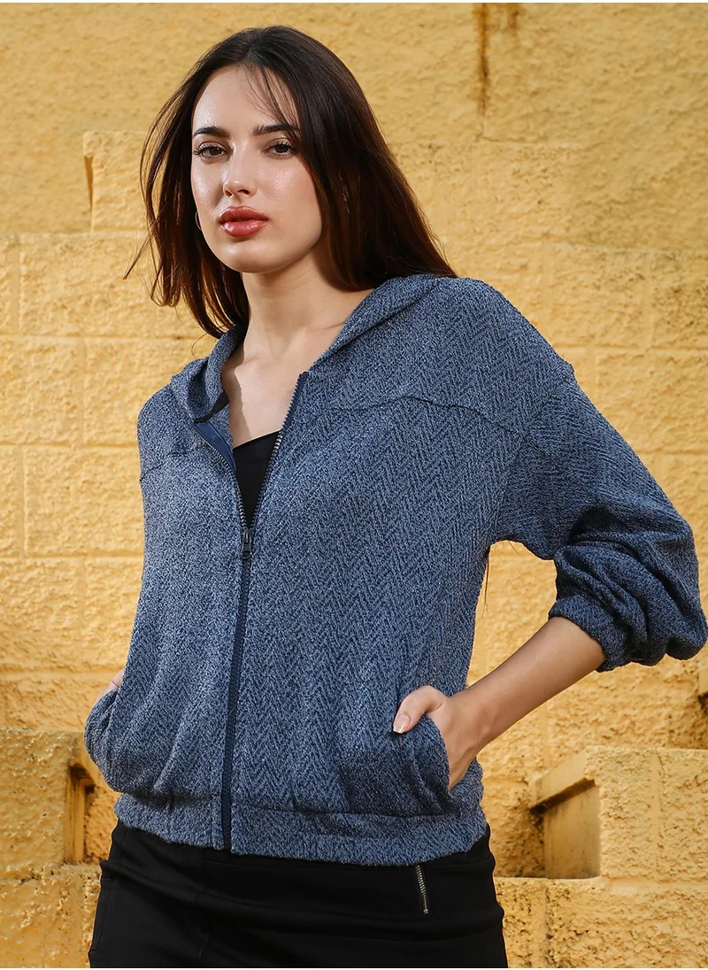 Campus Sutra Women's Aegean Blue Zip-Front Chevron Hoodie