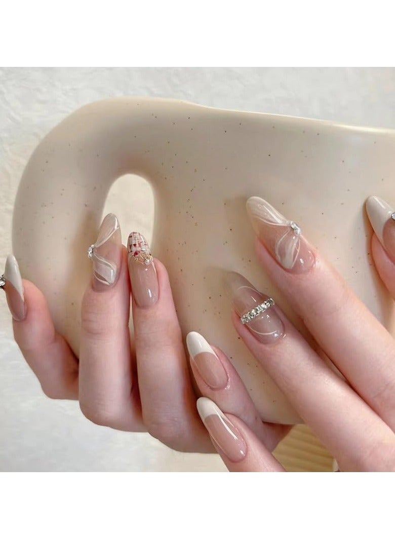24pcs French Tip Almond Shape Nude & White Flower Rhinestone Decorative Modern False Nails with Full Well Tips & Glossy Finish - Image 1