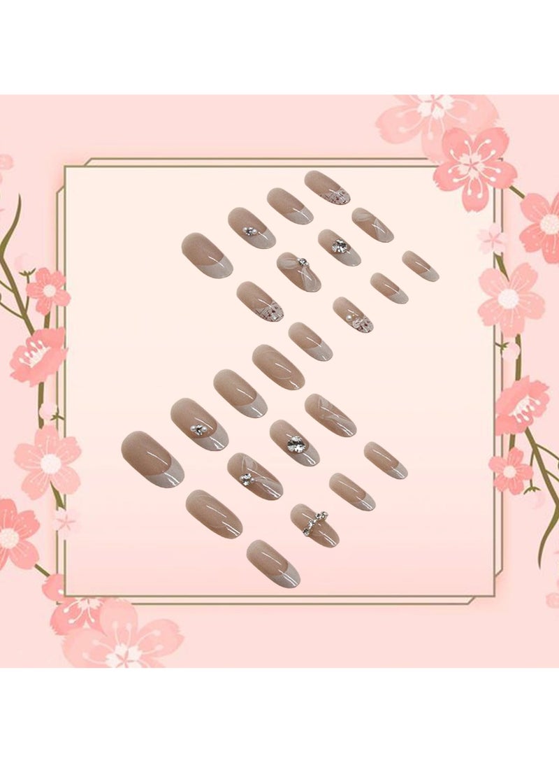 24pcs French Tip Almond Shape Nude & White Flower Rhinestone Decorative Modern False Nails with Full Well Tips & Glossy Finish - Image 3