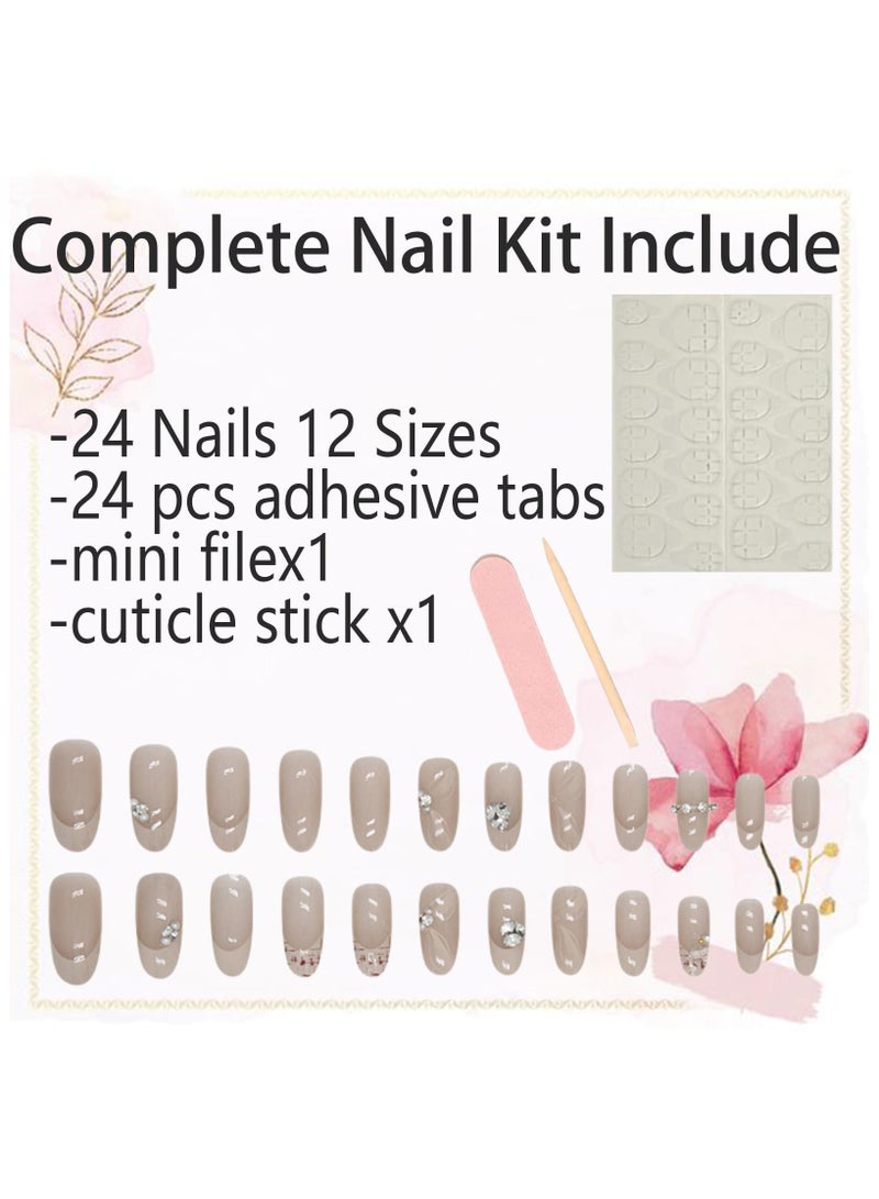 24pcs French Tip Almond Shape Nude & White Flower Rhinestone Decorative Modern False Nails with Full Well Tips & Glossy Finish - Image 5