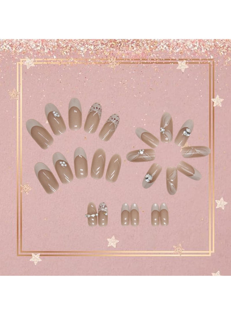 24pcs French Tip Almond Shape Nude & White Flower Rhinestone Decorative Modern False Nails with Full Well Tips & Glossy Finish - Image 2