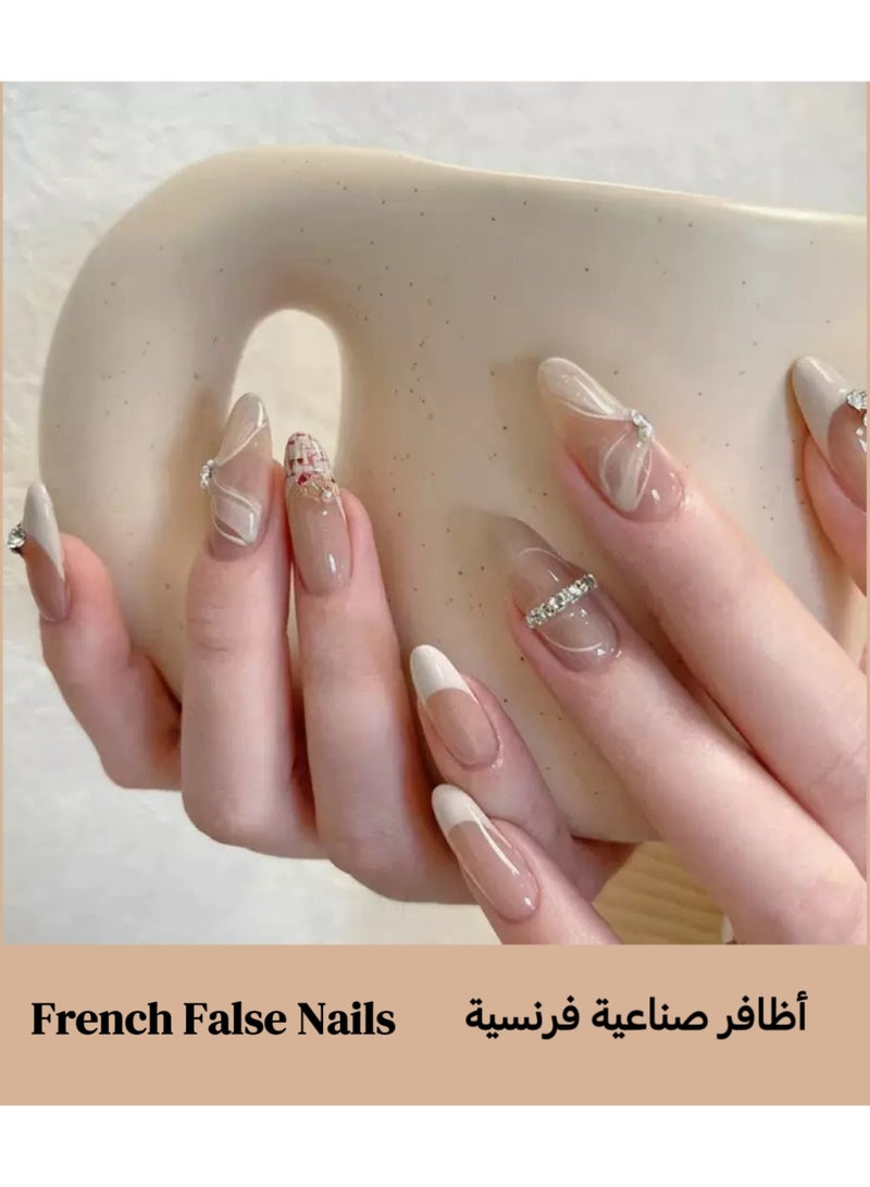 24pcs French Tip Almond Shape Nude & White Flower Rhinestone Decorative Modern False Nails with Full Well Tips & Glossy Finish - Image 1