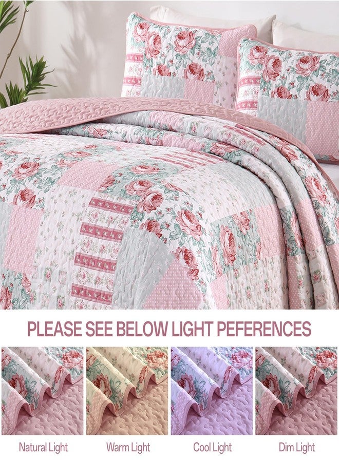 Anibedding 3Pieces Patchwork Quilts Queen Size, Pink Flower Plaid Bedspreads with Double Pillowcases for All Season - Image 5