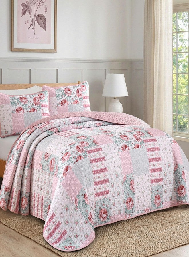 Anibedding 3Pieces Patchwork Quilts Queen Size, Pink Flower Plaid Bedspreads with Double Pillowcases for All Season - Image 2