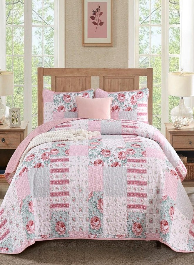 Anibedding 3Pieces Patchwork Quilts Queen Size, Pink Flower Plaid Bedspreads with Double Pillowcases for All Season - Image 1